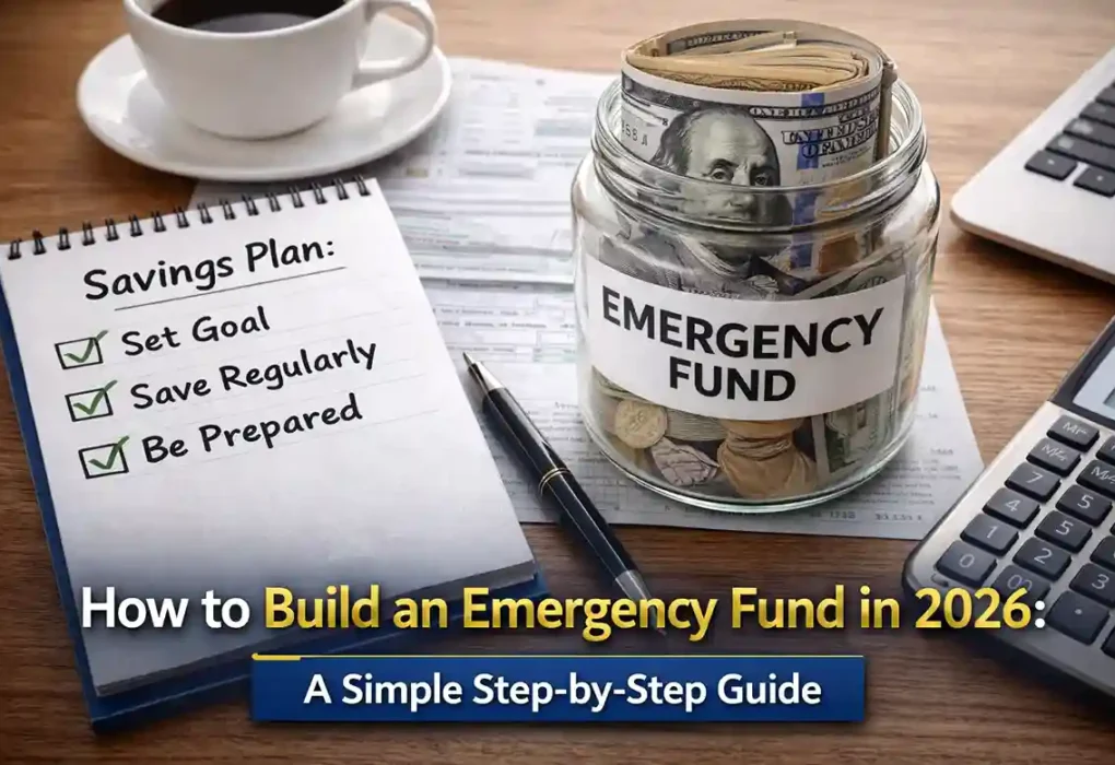 How to build an emergency fund in 2026 showing savings jar labeled emergency fund with checklist and calculator