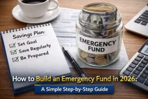How to build an emergency fund in 2026 showing savings jar labeled emergency fund with checklist and calculator