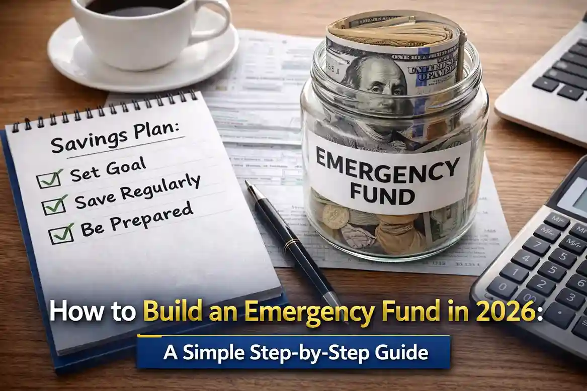 How to build an emergency fund in 2026 showing savings jar labeled emergency fund with checklist and calculator