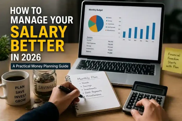 How to manage your salary better in 2026 with budget planner, savings jar, laptop, and financial planning tools