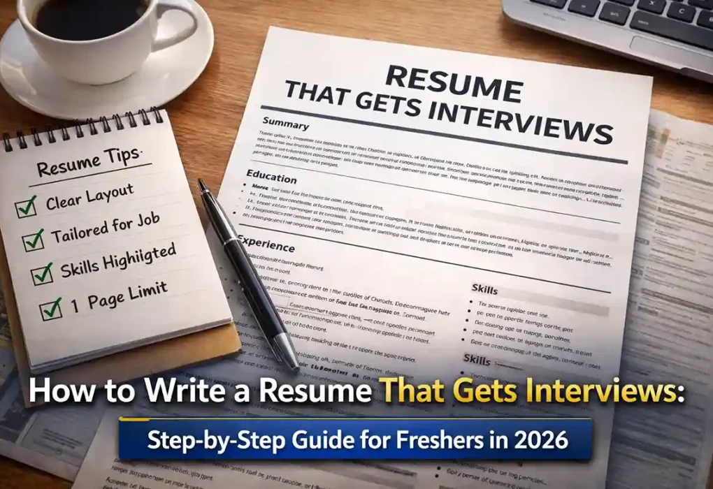 How to write a resume that gets interviews showing resume layout with checklist and workspace setup