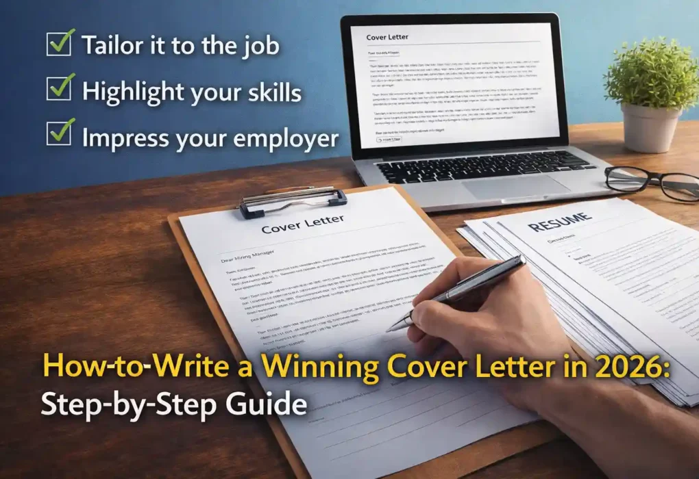 How to write a winning cover letter in 2026 with resume, laptop, and professional job application setup