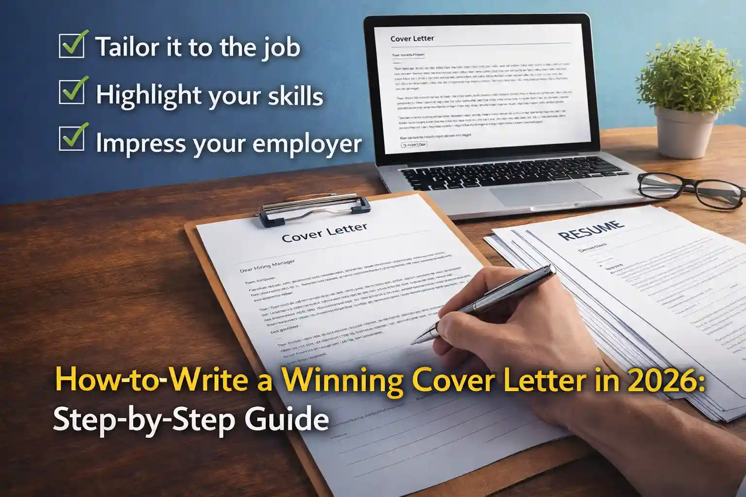 How to write a winning cover letter in 2026 with resume, laptop, and professional job application setup