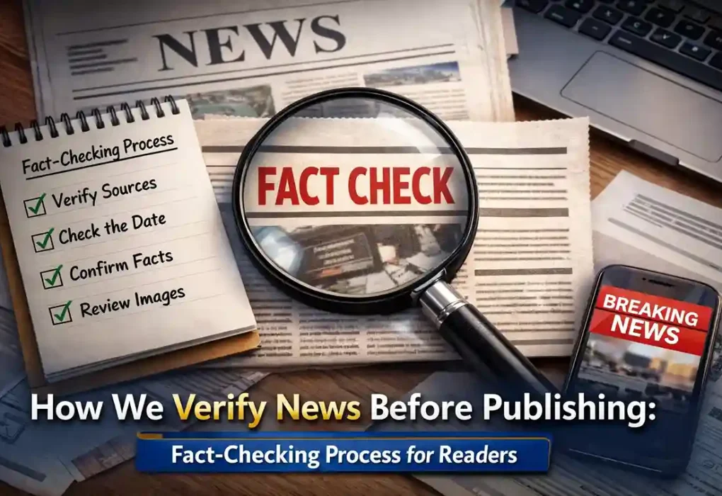 How we verify news before publishing showing fact-checking process with magnifying glass, checklist, and breaking news concept
