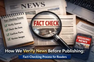 How we verify news before publishing showing fact-checking process with magnifying glass, checklist, and breaking news concept