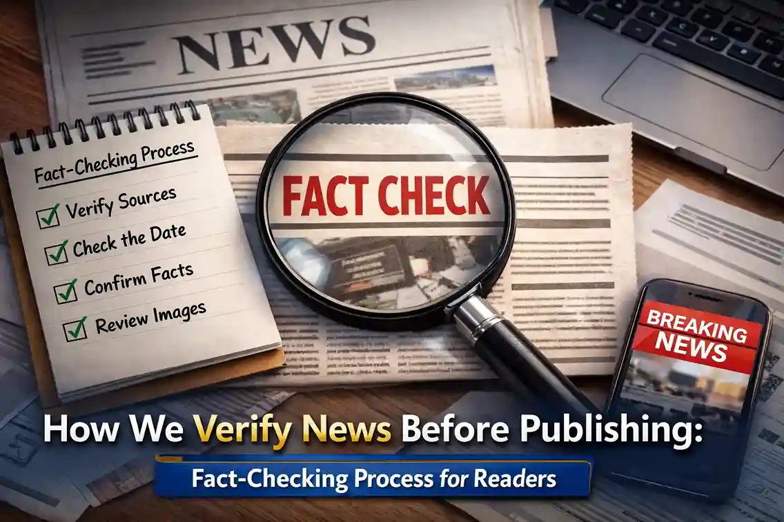 How we verify news before publishing showing fact-checking process with magnifying glass, checklist, and breaking news concept