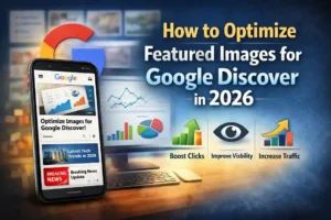 Optimize featured images for Google Discover showing mobile feed, analytics dashboard, and SEO image strategy