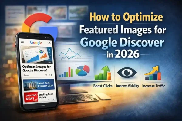 Optimize featured images for Google Discover showing mobile feed, analytics dashboard, and SEO image strategy