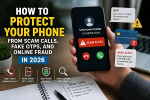 How to protect your phone from scam calls fake OTPs and online fraud in 2026 with mobile security tips and scam alert screen