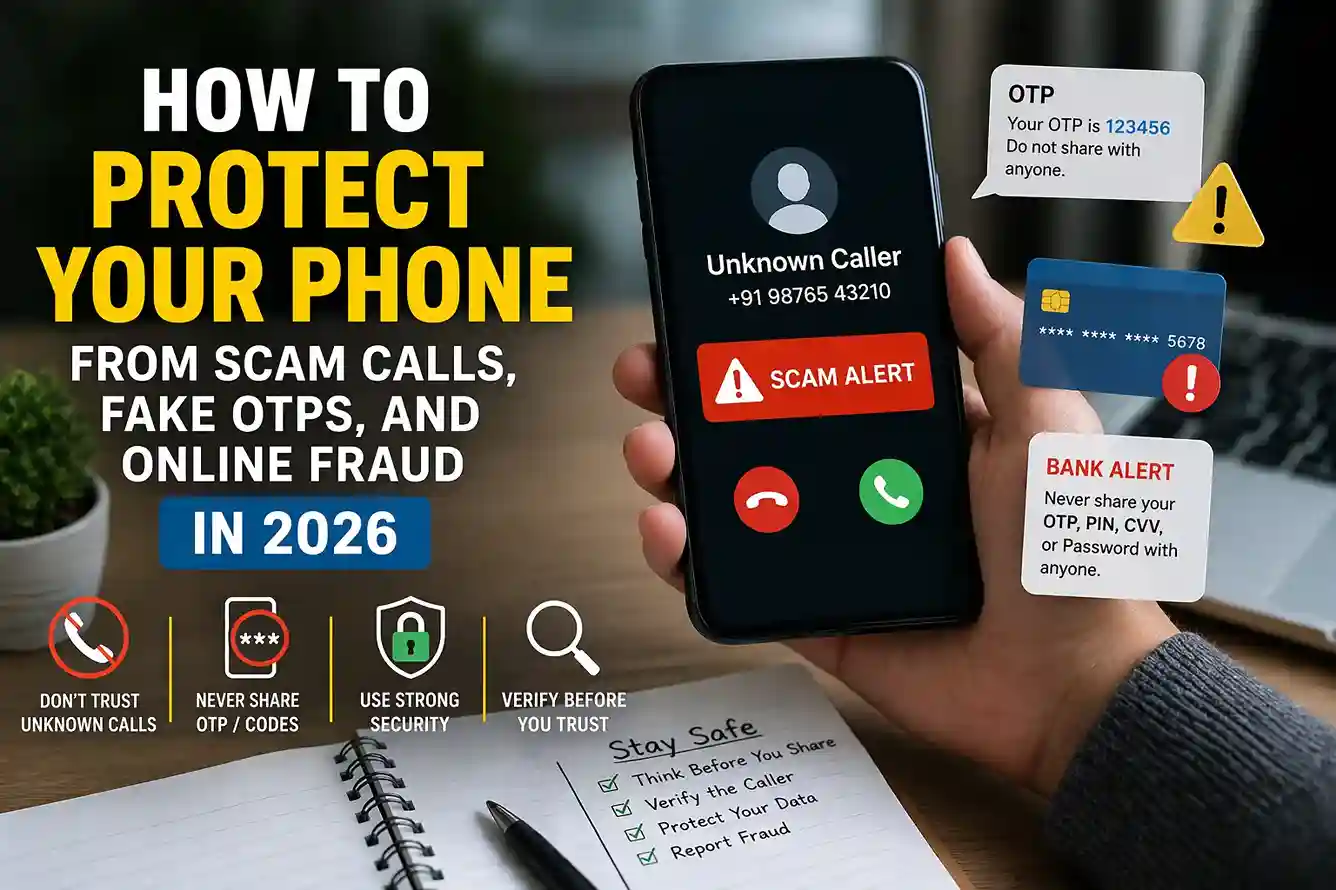How to protect your phone from scam calls fake OTPs and online fraud in 2026 with mobile security tips and scam alert screen