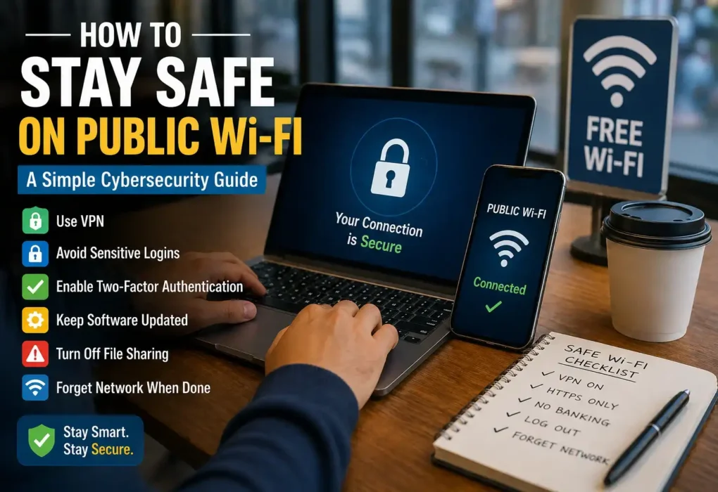 stay safe on public Wi Fi with cybersecurity checklist including VPN, HTTPS and secure connection tips