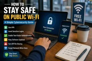 stay safe on public Wi Fi with cybersecurity checklist including VPN, HTTPS and secure connection tips