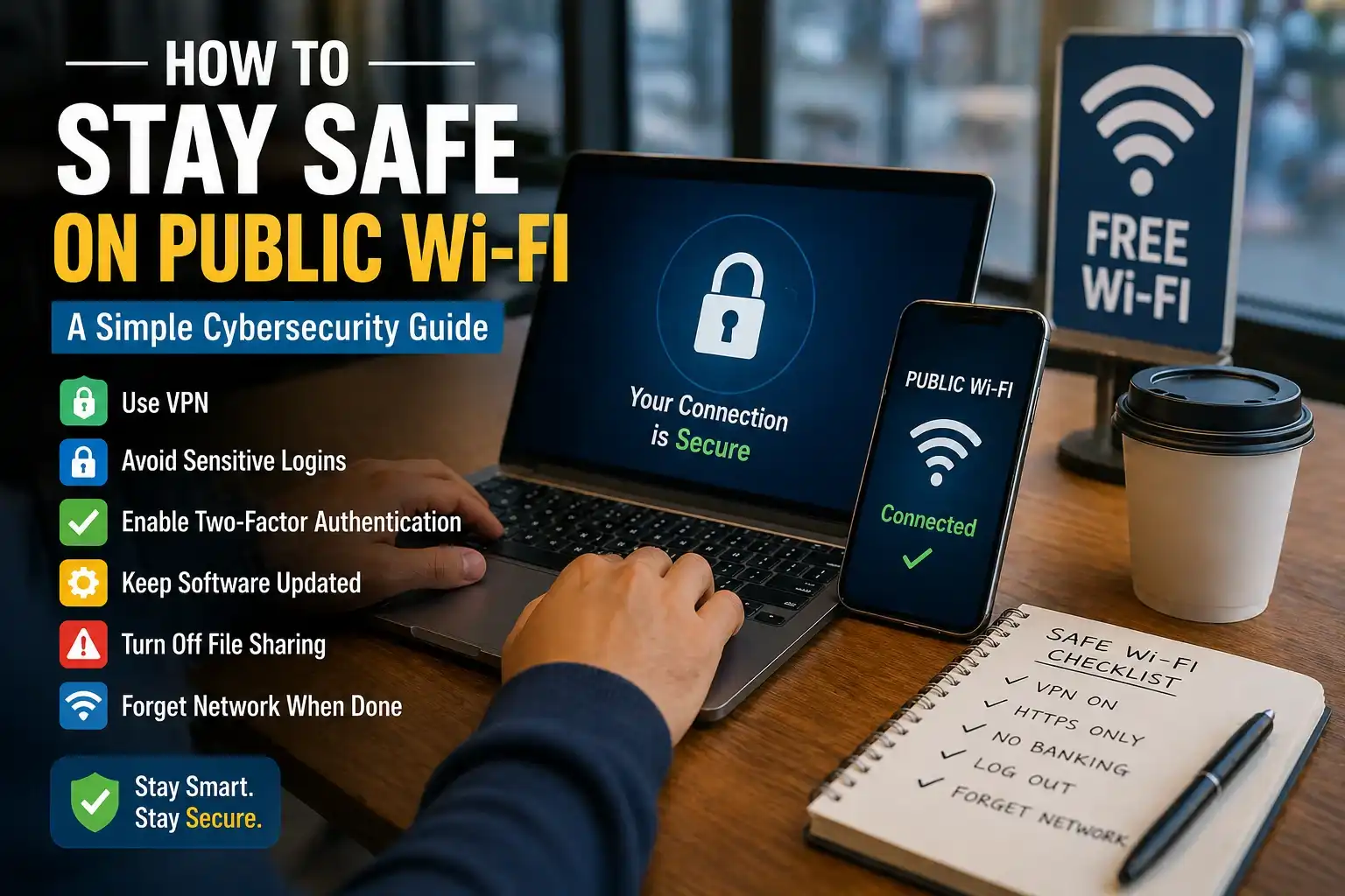 stay safe on public Wi Fi with cybersecurity checklist including VPN, HTTPS and secure connection tips