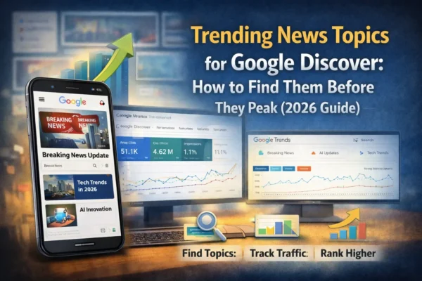 Trending news topics for Google Discover showing rising search trends, Google Trends dashboard, and content strategy workflow