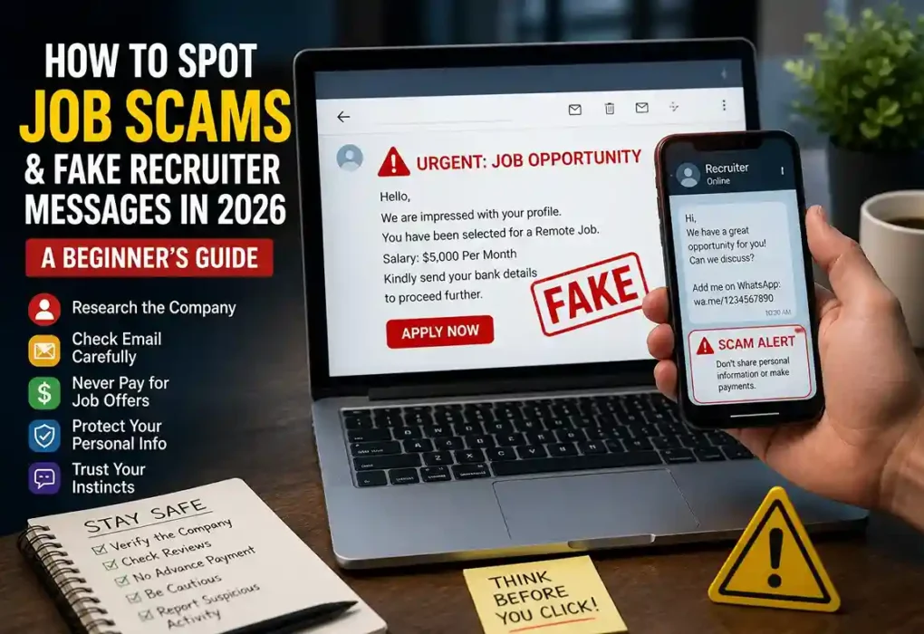 Infographic showing how to spot job scams and fake recruiter messages in 2026 with warning signs and safety tips