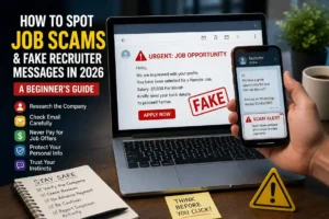 Infographic showing how to spot job scams and fake recruiter messages in 2026 with warning signs and safety tips
