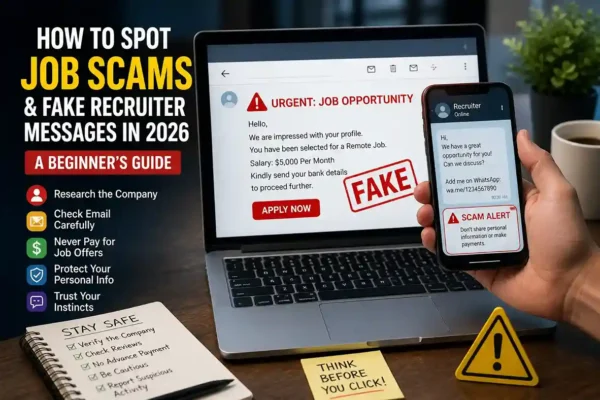 Infographic showing how to spot job scams and fake recruiter messages in 2026 with warning signs and safety tips