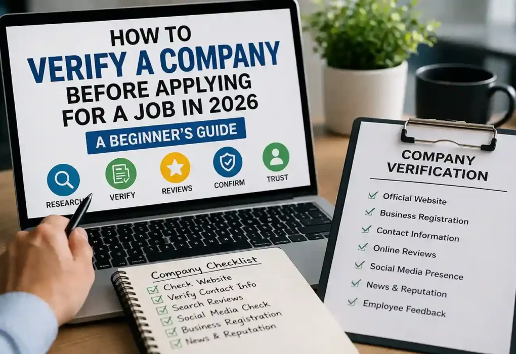 verify a company before applying for a job in 2026 with steps like website check, reviews, and recruiter validation
